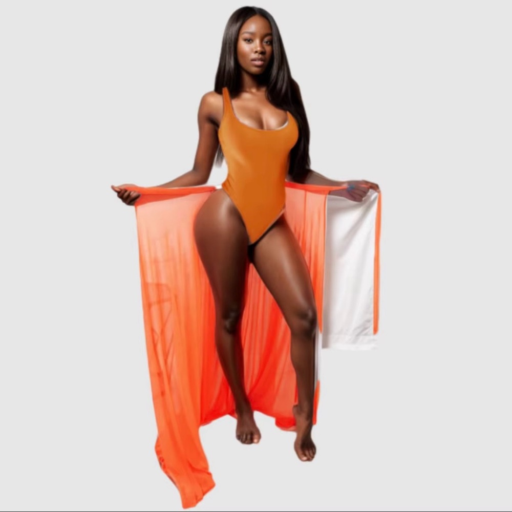 Orange One-Piece Swimsuit with Sheer Cover-Up